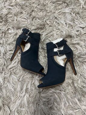 Michael Kors Navy Suede Peep-Toe High Heel Booties with Double Buckles